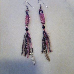 Hand Crafted  Black and pink tassel earrings